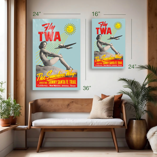 ly TWA Sunshine Way Vintage Travel Poster – Retro Airline Advertising Wall Art – HD Aluminum